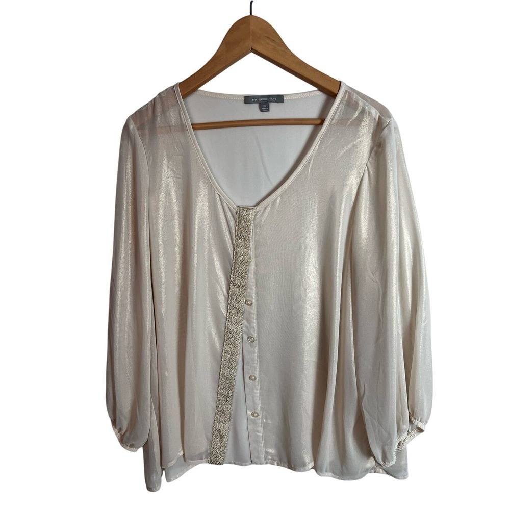 NY Collection Cream Metallic Shimmer V-Neck Button Front Blouse XL